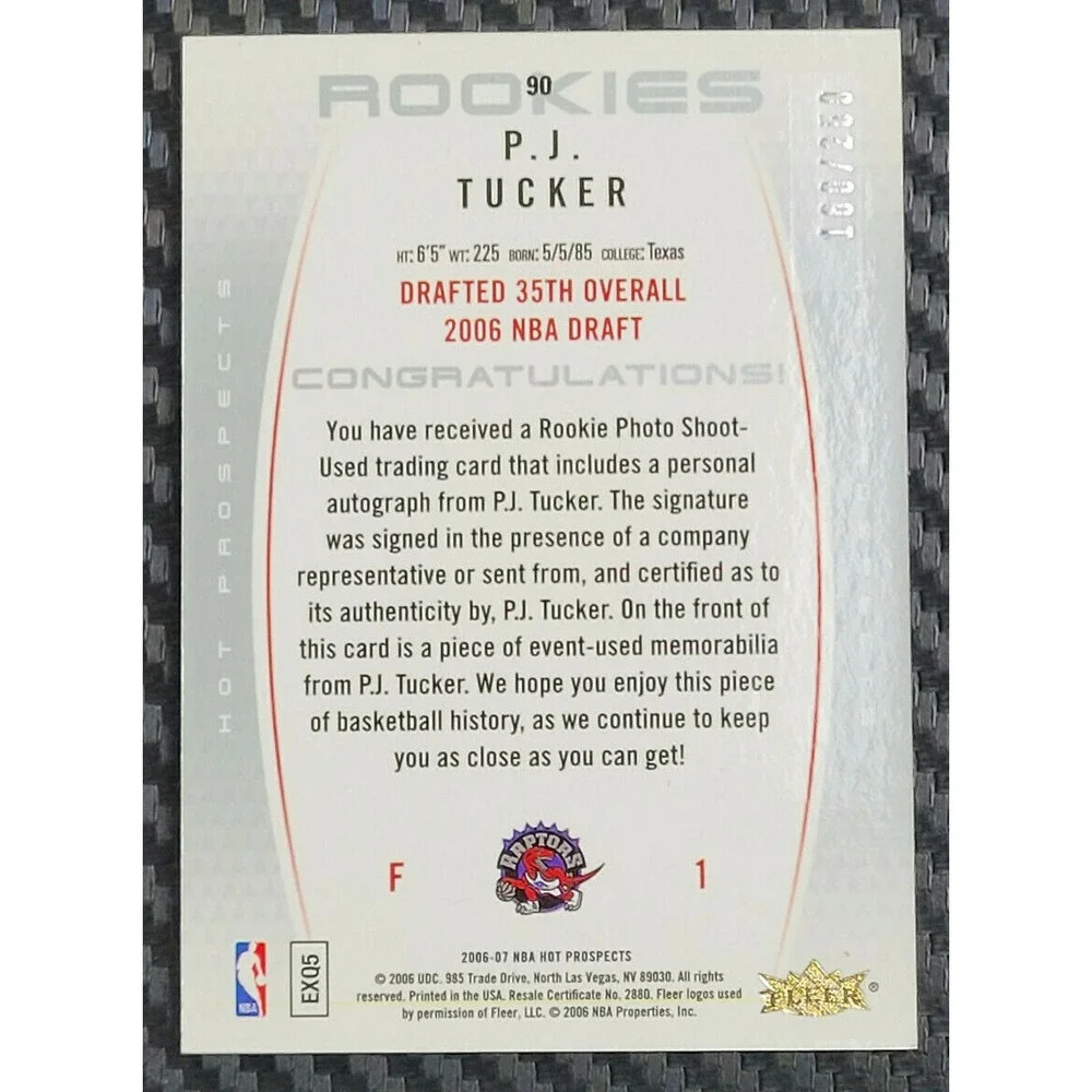 2006-07 HOT PROSPECTS - P.J. TUCKER -  AUTO 2 COLOR PATCH‎ ROOKIE #D 160/250